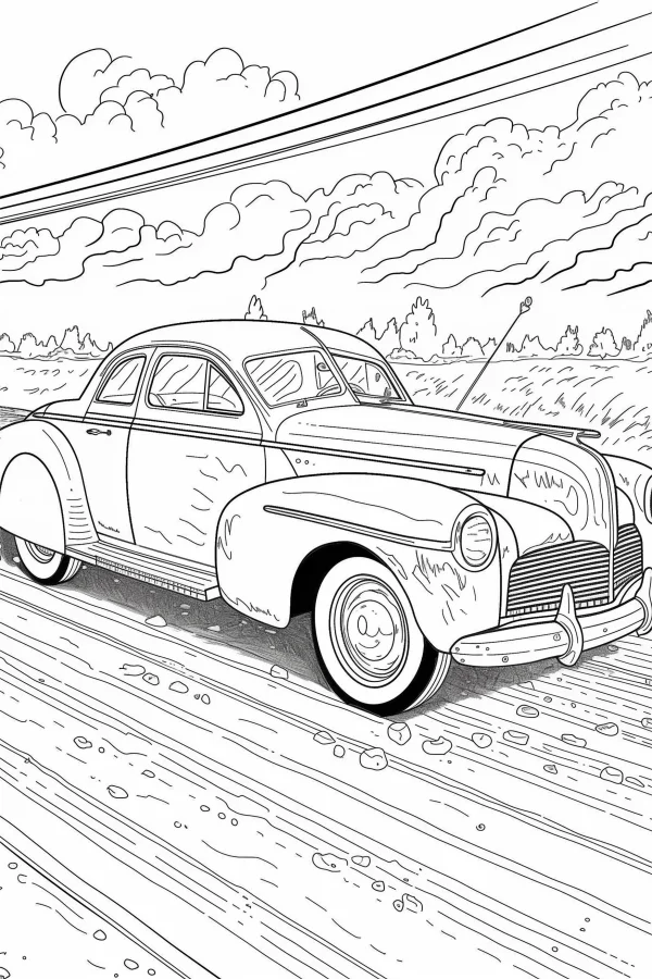 Vintage sedan driving on a country road, retro realistic style — free printable vintage cars coloring book page