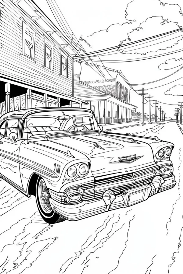 Vintage sedan on small town street, retro realistic style — free printable town life coloring book page