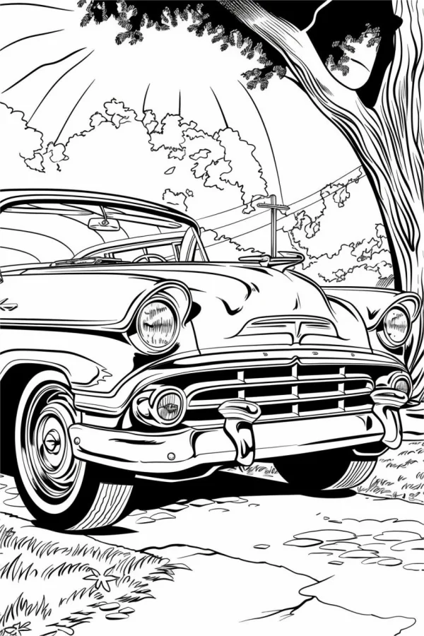 Vintage convertible car, retro realistic style — free printable vintage cars coloring book page