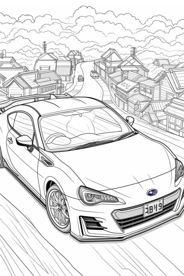 Subaru sports car on a winding street in a small japanese town, japanese style — free printable town landscape coloring book page