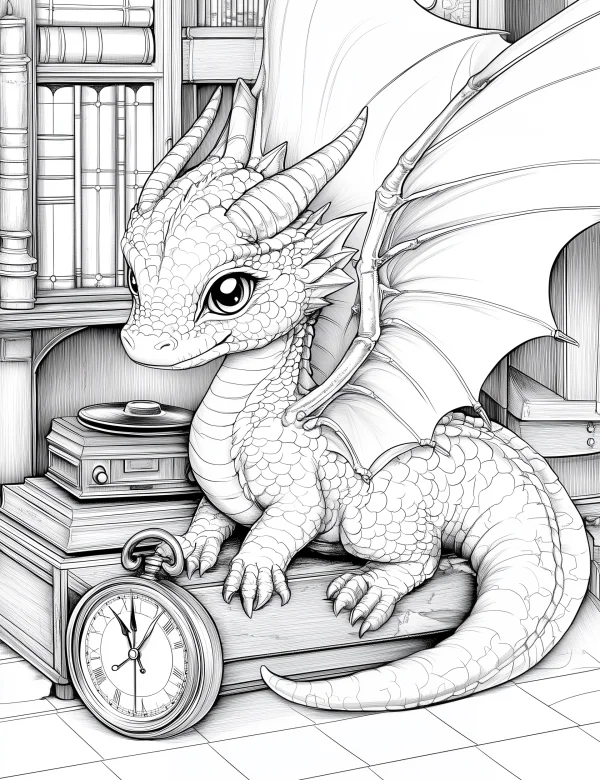 Cute fantasy baby dragon, cartoon style — free printable study coloring book page