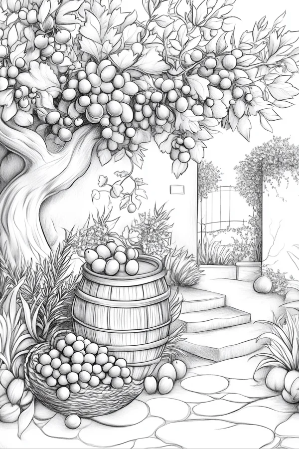 Coloring book page, courtyard grape harvest scene — free printable harvest coloring book page