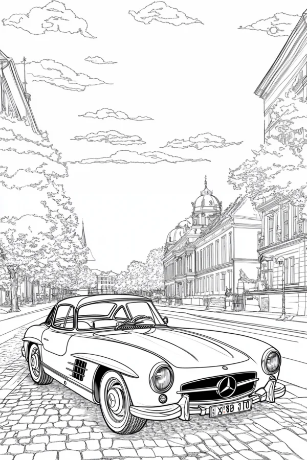 Vintage classic mercedes car on cobblestone street, realistic style — free printable vintage cars coloring book page
