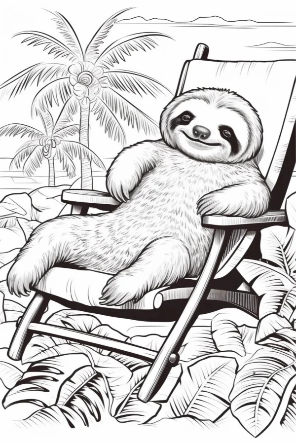 Sloth relaxing on deck chair, cartoon style — free printable vacation coloring book page