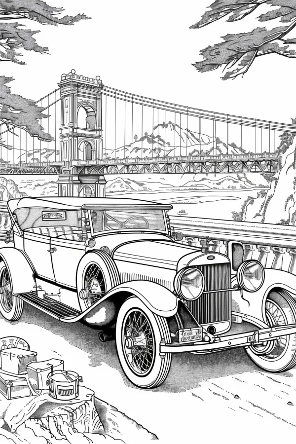 Coloring book page, vintage convertible car with suitcases — free printable scenery coloring book page