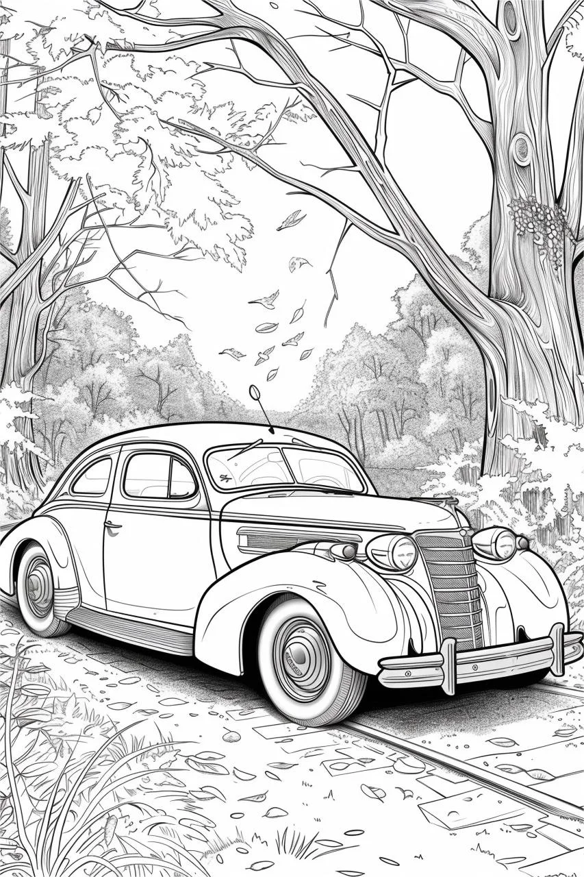 Vintage car on a forest path, retro realistic style — realistic style — moderate detail — line art coloring page — for kids and adults of all ages