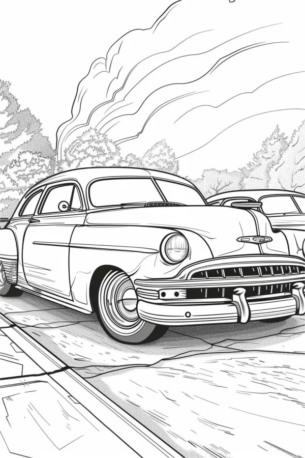 Vintage sedan, retro realistic style — free printable outdoor scenery coloring book page