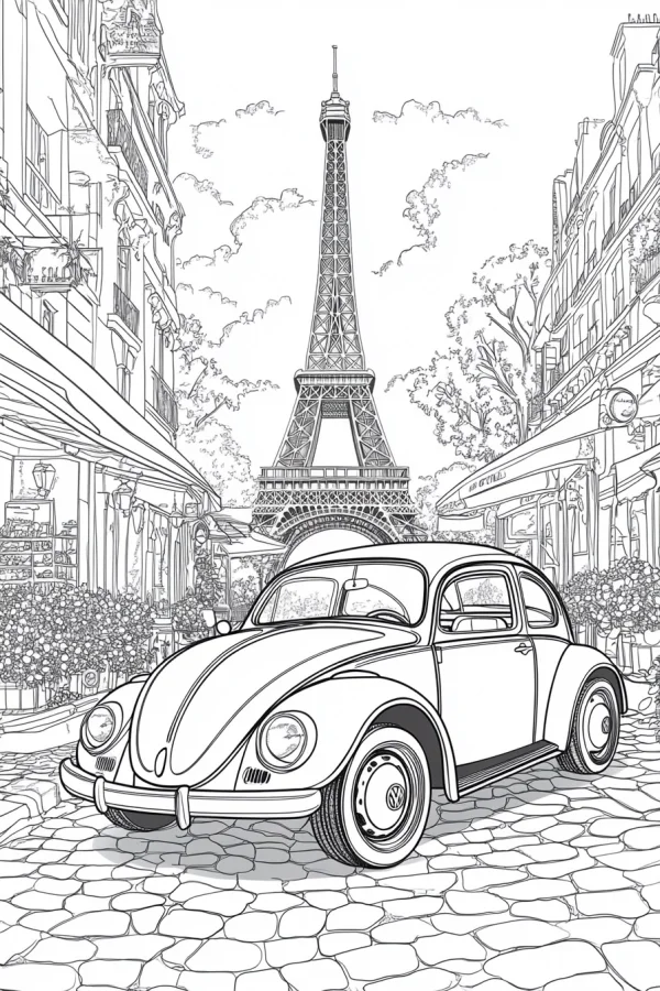 Vintage volkswagen beetle car on cobblestone street in paris with eiffel tower in background, european realistic illustration style — free printable city scene coloring book page