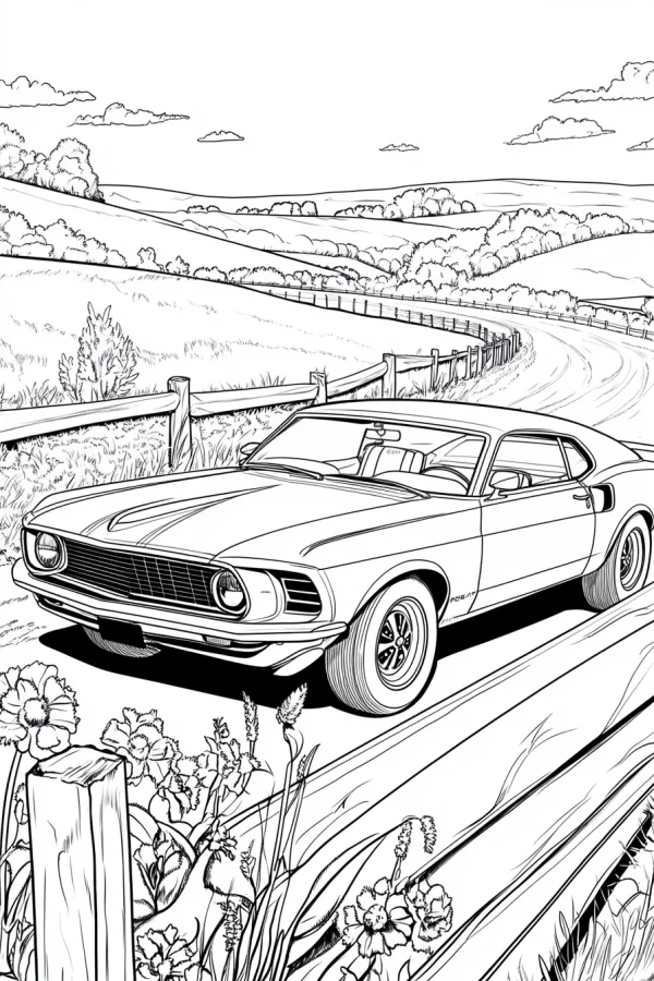 Vintage car on a rural country road, realistic sketch style — free printable outdoor travel coloring book page
