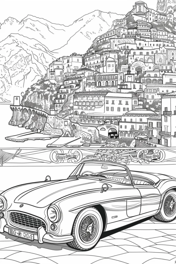 Coastal vintage town with old convertible sports car, realistic line art style — free printable town landscape coloring book page
