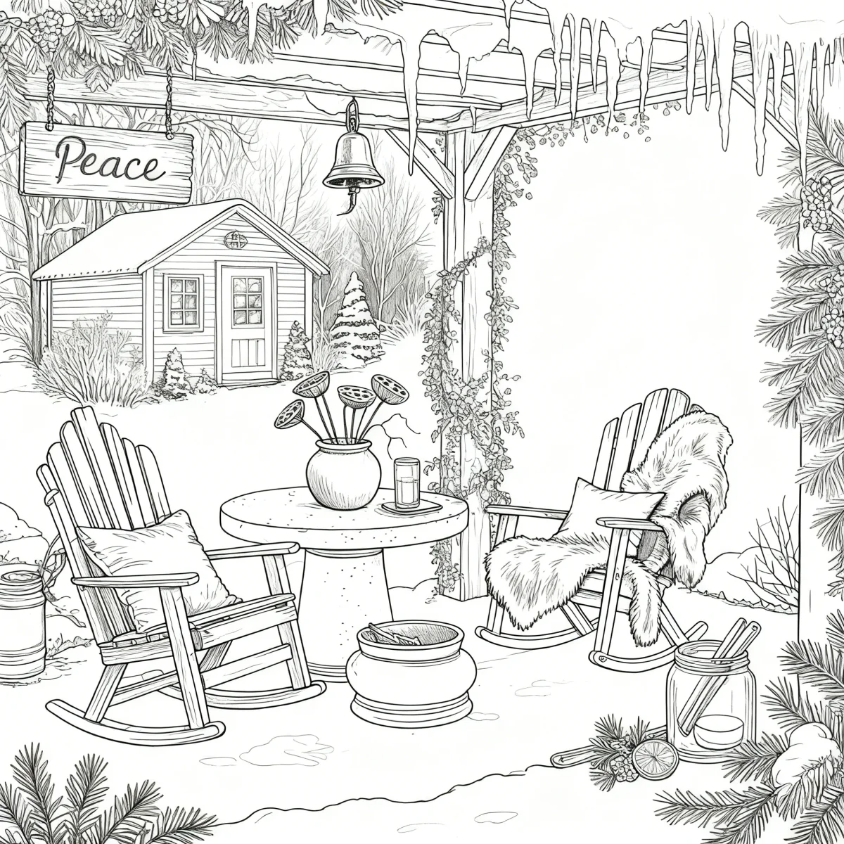 Winter courtyard leisure scene with rocking chairs and small cabin, realistic line art — realistic style — moderate detail — line art coloring page — for kids and adults of all ages