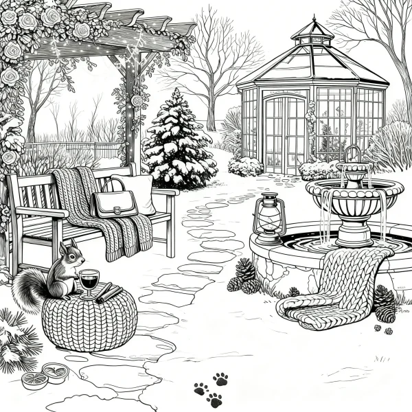 Winter courtyard with a squirrel, realistic illustration style — free printable courtyard coloring book page