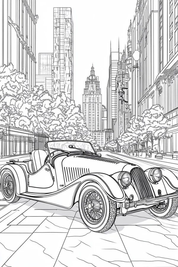 Vintage convertible car on city street, realistic retro style — free printable vintage cars coloring book page