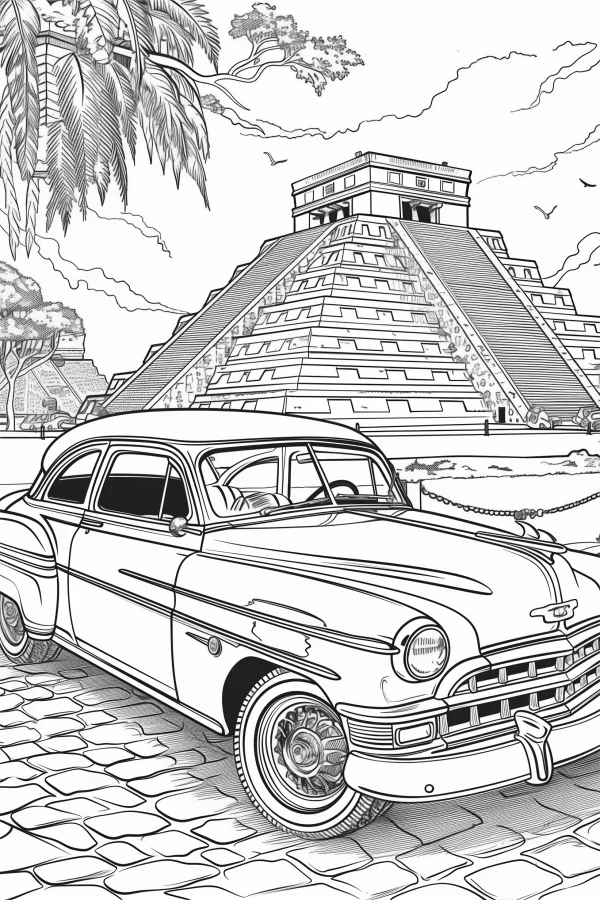 Vintage car parked in front of mayan pyramid, retro realistic style — free printable maya culture coloring book page