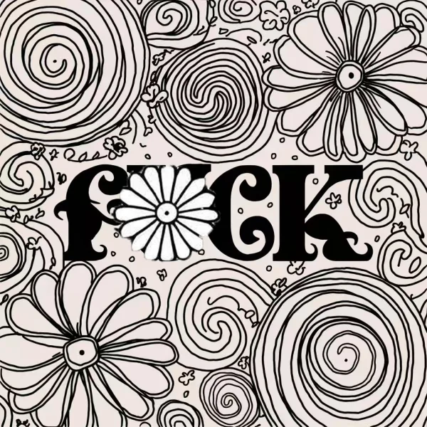 Vulgar text 'fuck' with a flower replacing the letter u, surrounded by various floral and spiral decorative patterns — free printable vulgar expression coloring book page