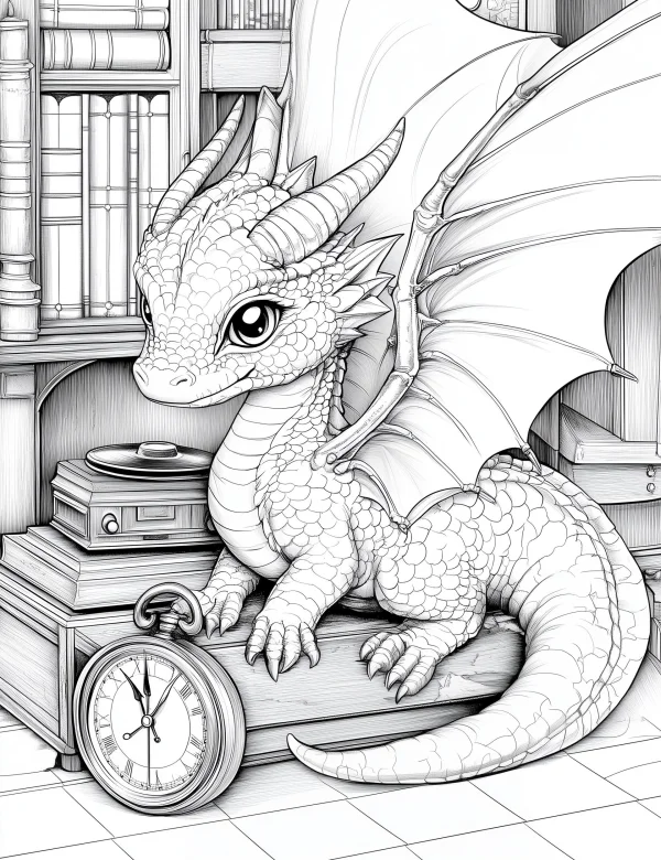 Cute cartoon baby dragon sitting on stacked books in a study with bookshelves and a pocket watch, fine smooth outlines — free printable study coloring book page