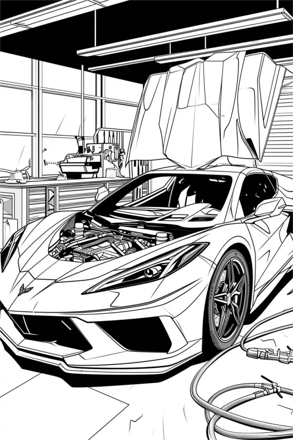 Sports car with open hood showing engine in repair workshop, realistic line art style — free printable repair scene coloring book page