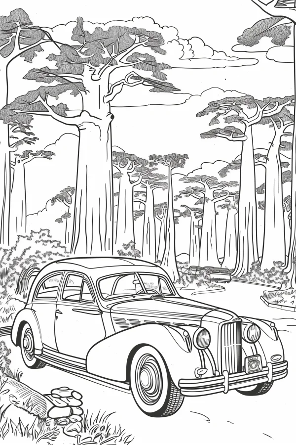 Vintage sedan in baobab forest, retro realistic style — free printable vintage cars coloring book page