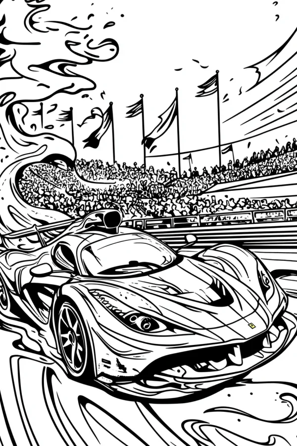 Cool racing car, cartoon style — free printable competition coloring book page