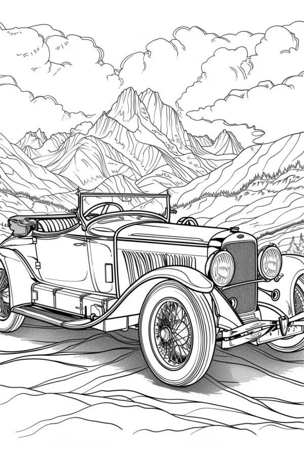 Vintage convertible car, realistic retro style — free printable vintage cars coloring book page
