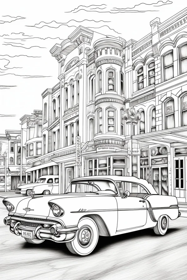 Vintage city street with classic old car, retro realistic style — free printable vintage cars coloring book page