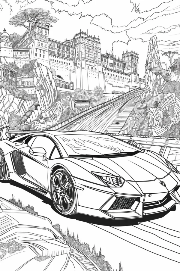 Lamborghini sports car in front of fantasy mountain castle, realistic line art style — free printable architectural scenery coloring book page