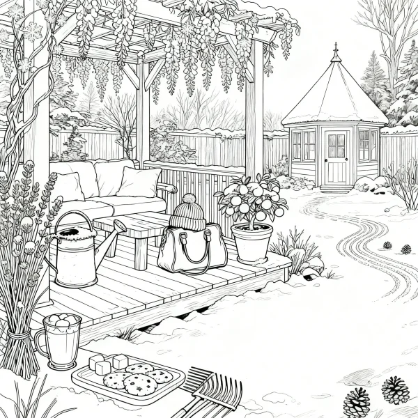Winter patio garden leisure scene, realistic line art — free printable courtyard coloring book page