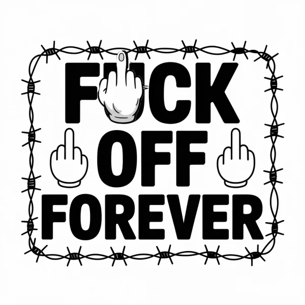Black and white graphic design, vulgar text 'fuck off forever' with cartoon middle finger gestures — free printable emotional release coloring book page