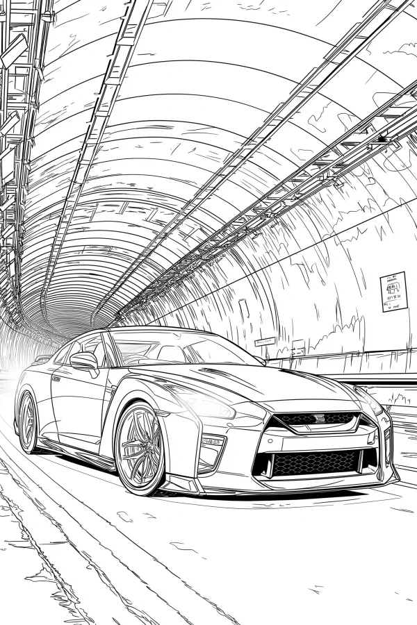 Sports car driving through a tunnel, realistic line art style — free printable tunnel scene coloring book page