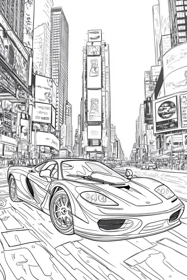 Luxury sports car on busy urban street, realistic style — free printable modern life coloring book page