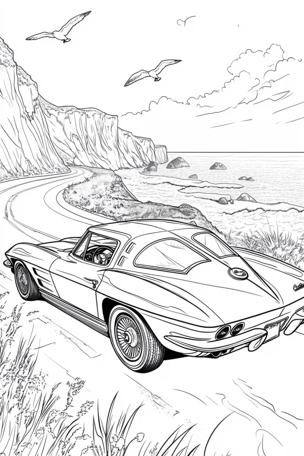 Vintage corvette sports car on coastal cliff road, realistic line art style — free printable birds coloring book page