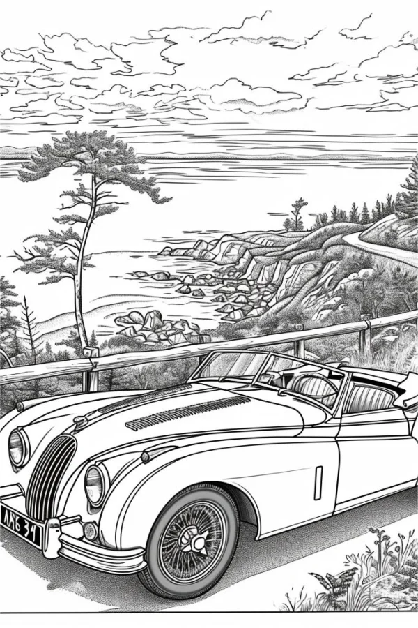 Vintage convertible car, retro realistic style — free printable vintage cars coloring book page