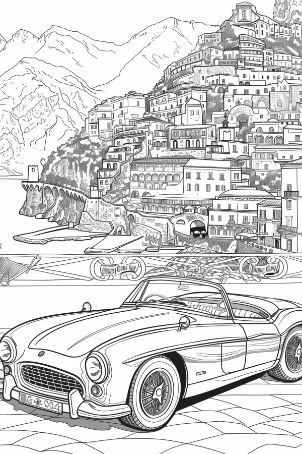 Vintage convertible sports car in front of amalfi coast seaside mountain town, realistic line art style — free printable vintage cars coloring book page
