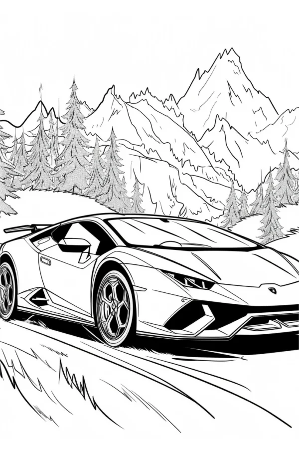 Lamborghini sports car, realistic line art style — free printable outdoor travel coloring book page