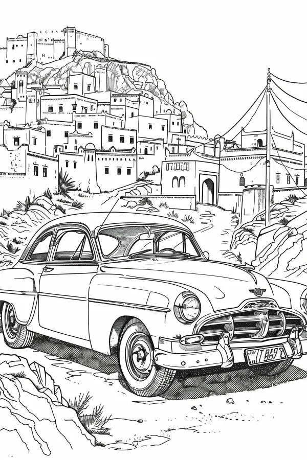 Vintage car in front of middle eastern mountain town with hilltop castle, realistic retro style — free printable middle east coloring book page