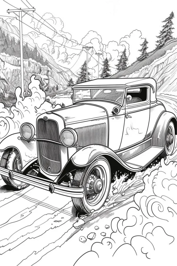 Vintage classic hot rod driving on a mountain road, retro realistic illustration style — free printable vintage cars coloring book page