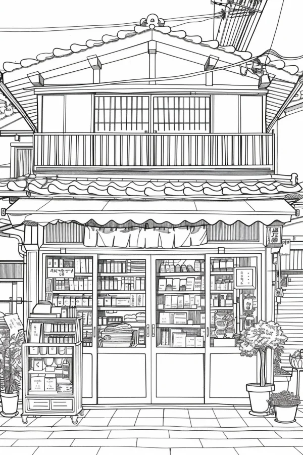 Traditional japanese grocery store, two-story wooden house storefront with tiled roof — free printable grocery store coloring book page