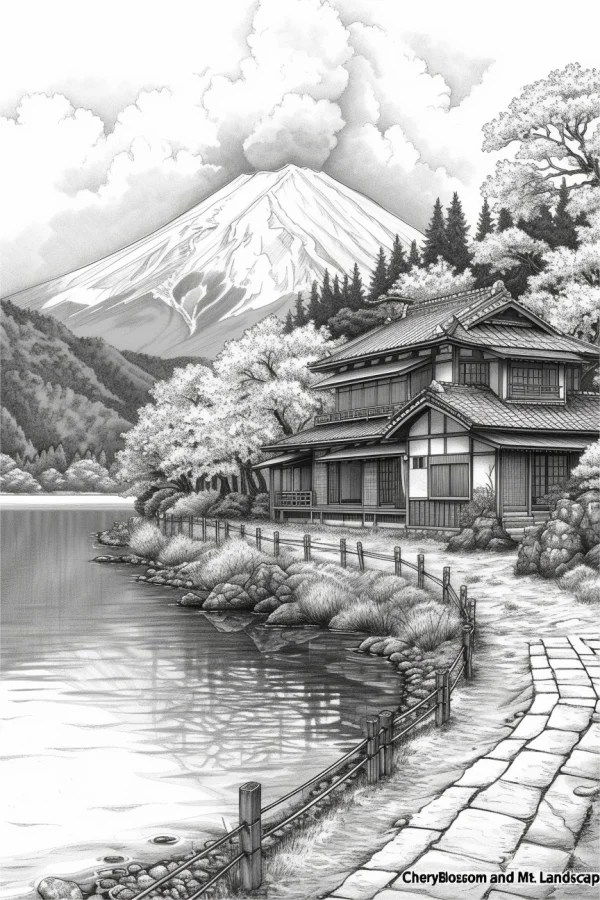 Japanese traditional house by the lake with mount fuji in the background, blooming cherry blossom trees — free printable flower season coloring book page