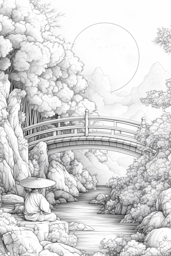 Meditating figure with bamboo hat in japanese landscape, japanese style — free printable meditation coloring book page
