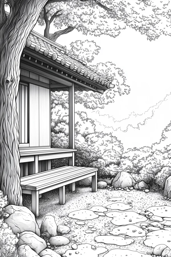 Japanese-style courtyard cottage, japanese realistic style — free printable courtyard coloring book page