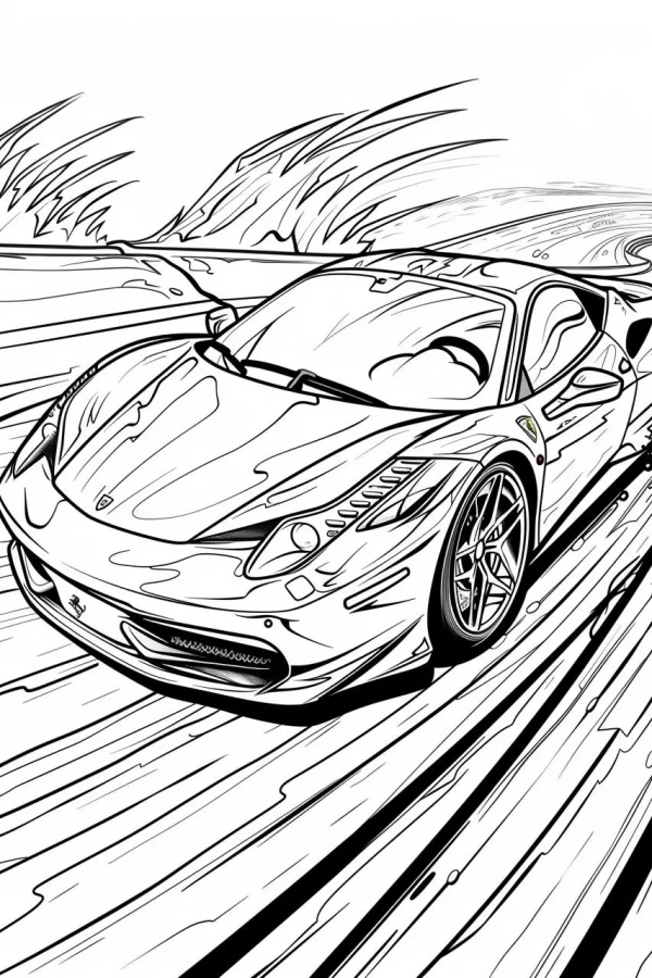 Speeding sports car on a race track with dynamic speed lines, realistic line art style — free printable motorsport coloring book page