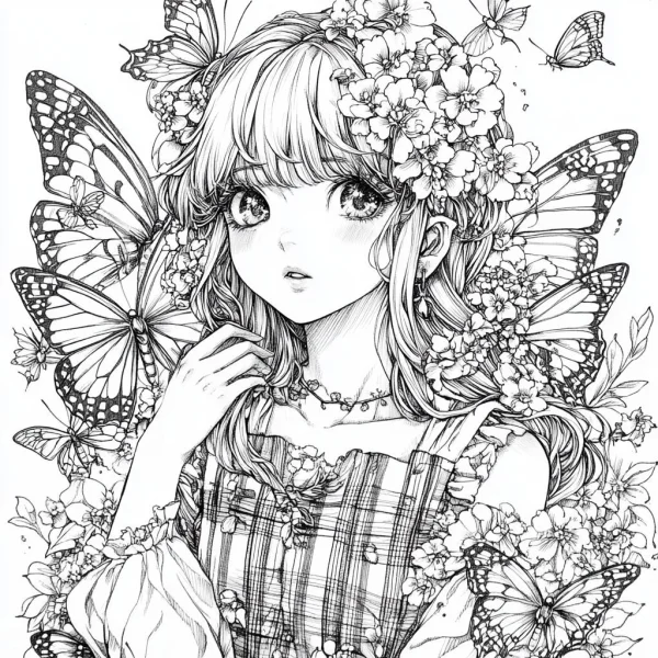 Anime girl surrounded by flowers and butterflies, japanese anime style — free printable butterfly coloring book page
