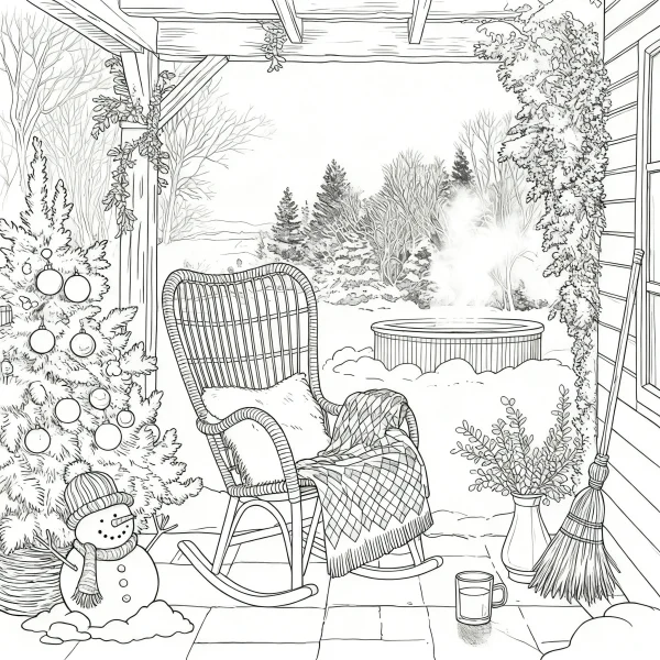 Christmas themed winter porch scene with snowman and decorated christmas tree, realistic line art — free printable family life coloring book page