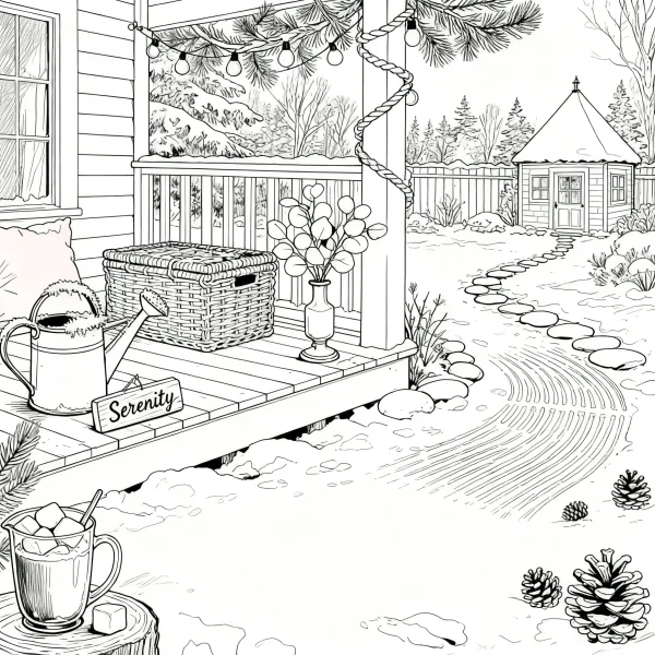 Winter backyard patio scene, realistic line art — free printable family life coloring book page