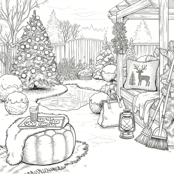 Christmas courtyard leisure scene, cozy backyard with decorated christmas tree — free printable family life coloring book page