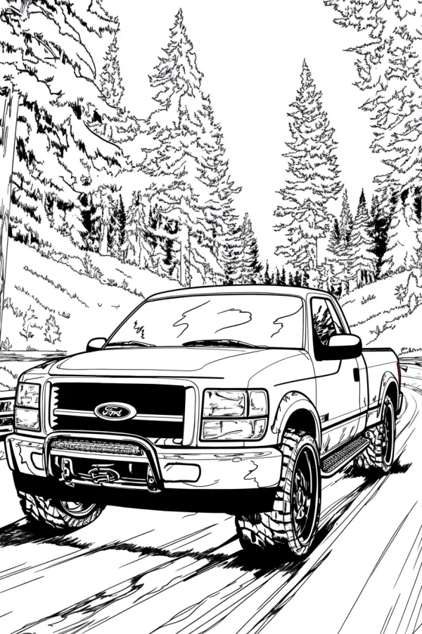 Coloring book page, ford pickup truck driving on a forest road — free printable outdoor travel coloring book page