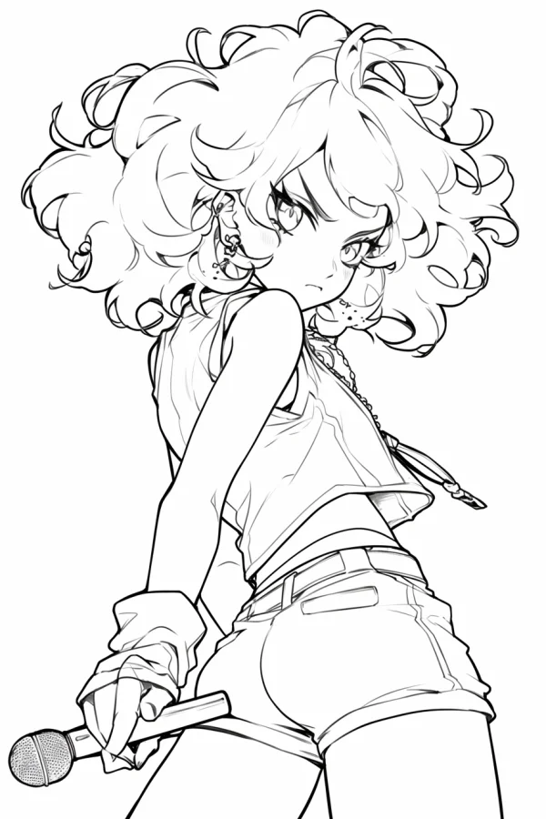 Curly-haired stylish girl holding a microphone, anime style — free printable youth coloring book page