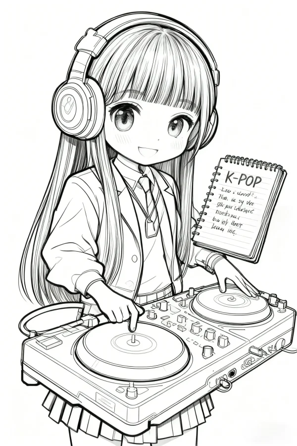Cartoon school girl wearing headphones operating dj turntable, holding a notebook with k-pop handwritten text — free printable campus coloring book page
