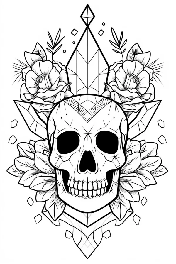 Skull decorated with roses and geometric patterns, gothic style — free printable geometry coloring book page