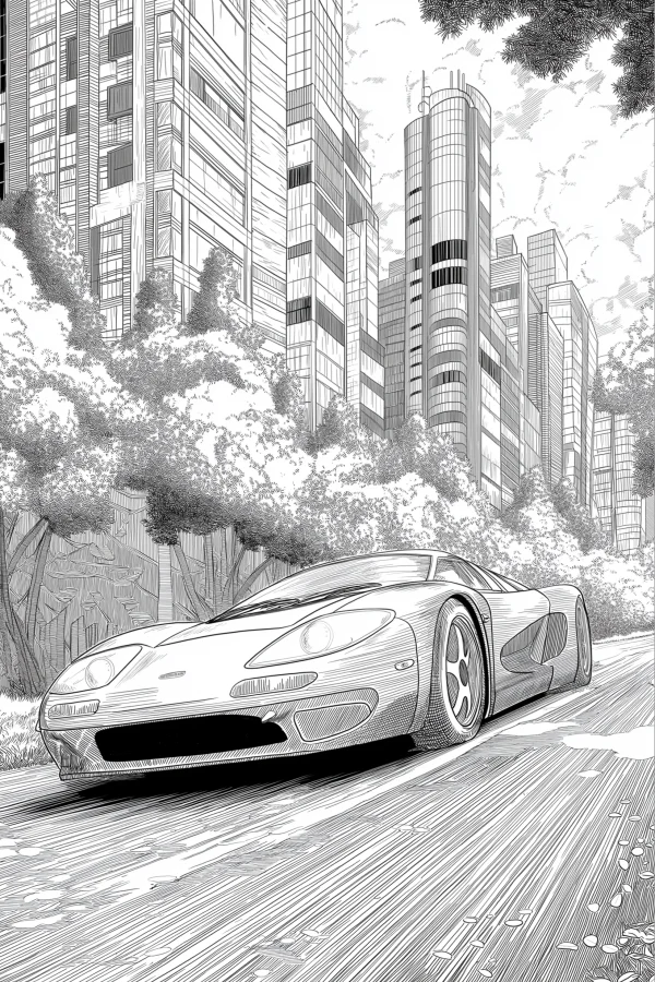 Sports car on urban road, realistic illustration style — free printable modern city coloring book page